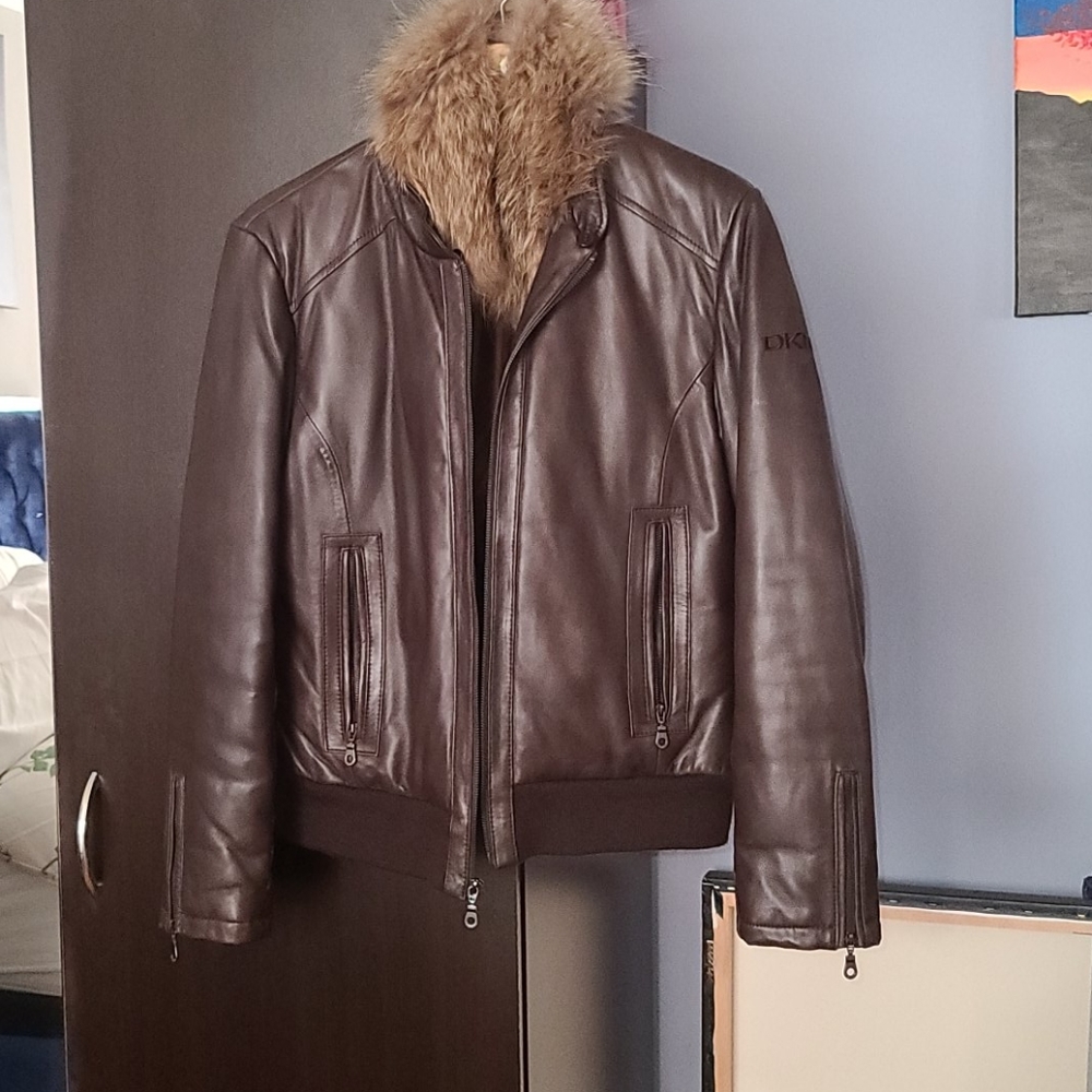 DKNY BROWN LEATHER JACKET W/ REAL RACOON FUR